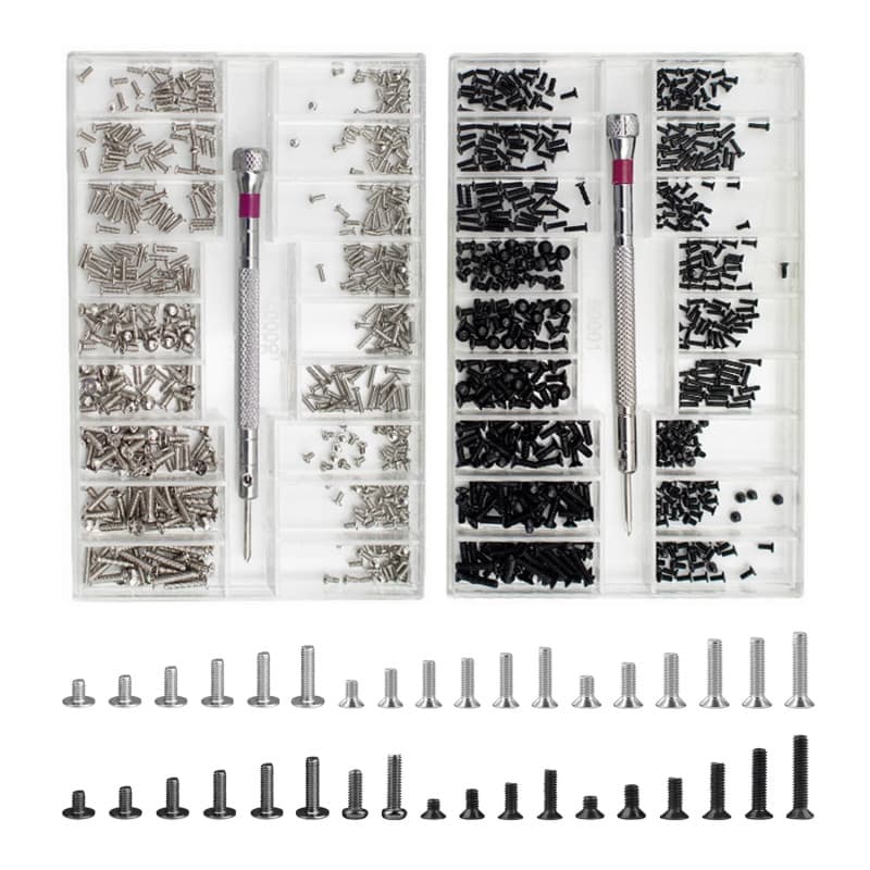 Lot de 2 petites vis, kit de réparation de lunettes, pièces en acier inoxydable pour montres, ordinateurs, etc. (noir, argenté)