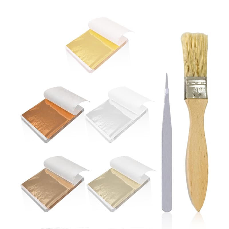 ZBHDEYG Lot de 250 Feuilles de Papier doré, 1 Pinceau, 1 Pince à épiler, décoration de gâteau, kit de Feuille d'or, Accessoires