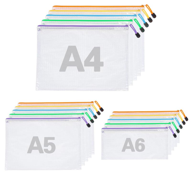 15 pochettes de documents A4 A5 A6 5 couleurs, pochette de documents étanche, pochette transparente à fermeture éclair pour fich
