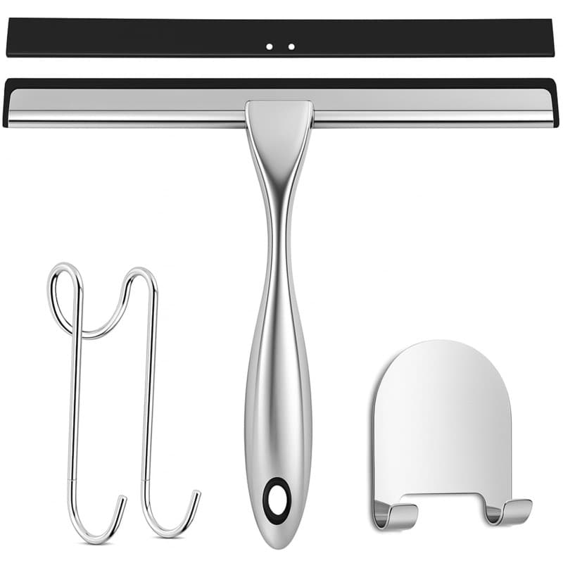 SURFOU Raclette de Douche 25cm - avec Deux Crochets,Raclette Vitre en Acier Inoxydable,sans Traces d'eau,Autocollante, Installat