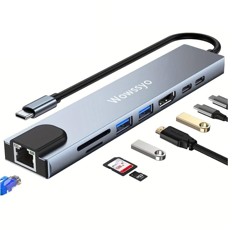 Wowssyo Hub USB C 8 en 1 Adaptateur Multiport pour MacBook M1 Pro/Air avec RJ45 Ethernet, 4K HDTV, PD 100W, 2 USB C, Lecteurs SD
