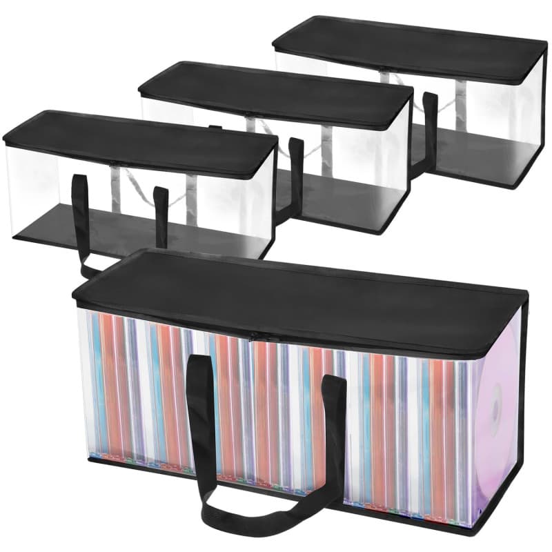 QWORK® Pack de 4 Sacs de Rangement DVD, Espace pour 160 DVD, CD, Jeux vidéo, Tissu PVC et Polyester Transparent, avec Zip et poi