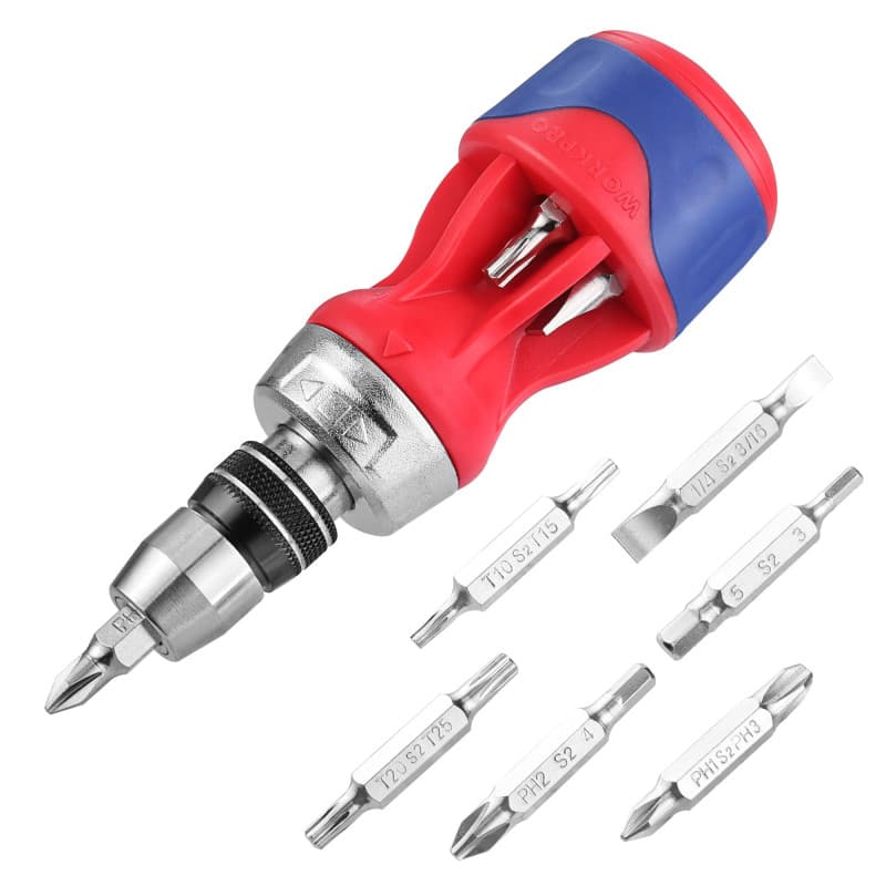 WORKPRO Stubby Tournevis à Cliquet 12 en 1 avec Embouts Magnétiques, Tournevis Court, Tournevis Multi Embout, Mini Tournevis pou