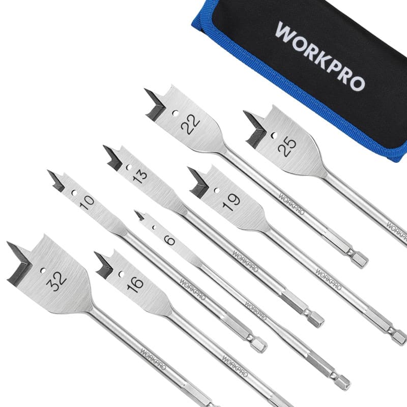 WORKPRO Jeu de 8 Mèches Plate à Bois avec Tige Hexagonale de 1/4", Mèches Plates en Acier au Carbone de Qualité Ø6,10,13,16,19,2