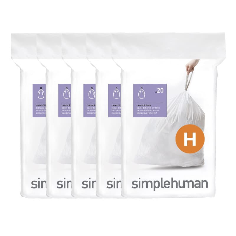 simplehuman Code H Lot de 100 sacs poubelle avec cordon de serrage en paquets distributeurs, 30 à 35 litres, blanc