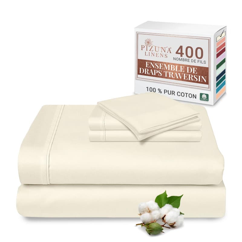Pizuna Nouvel Ivoire 100% Coton Parure de Lit 140x200 2 Personne avec Traversin, Satin de Coton Mercerisé 400 Fils 1 Drap Housse