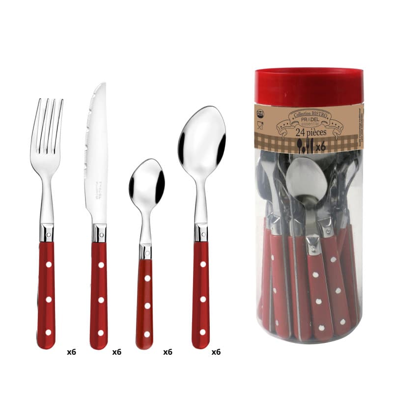PRADEL ESSENTIEL - Ménagère 24 couverts de table pour 6 personnes - Bistro-Club - Acier inoxydable 18/0, Finition Standard - Rou
