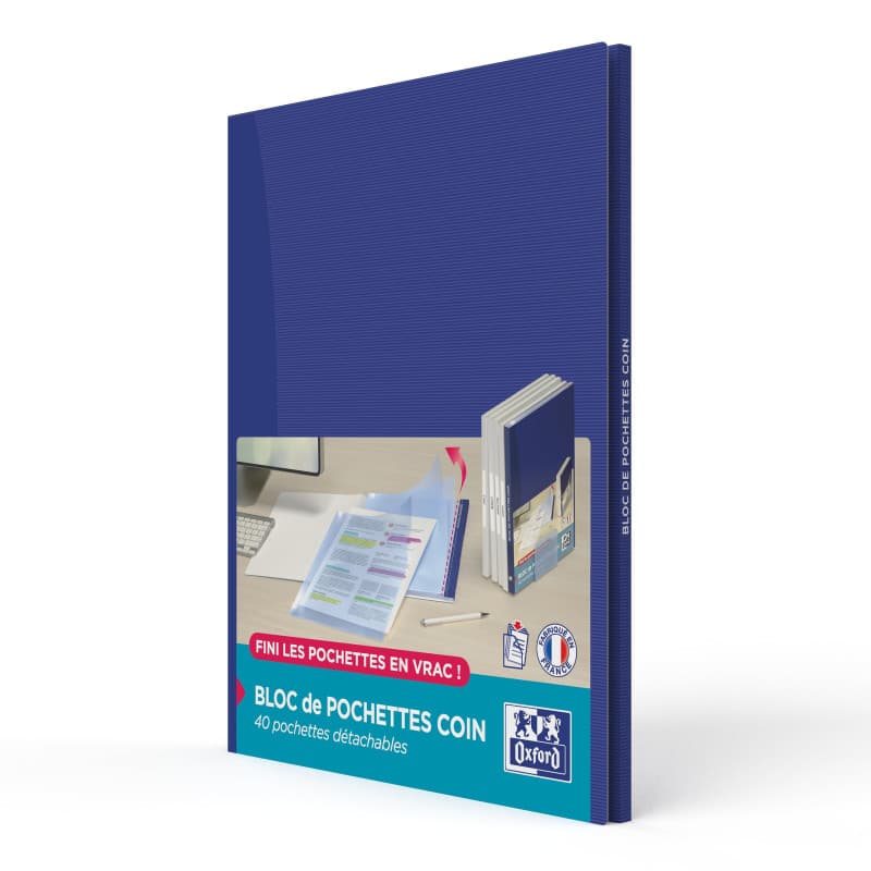 OXFORD Bloc de 40 pochettes coin haute qualité polypro 90 microns avec couverture protectrice