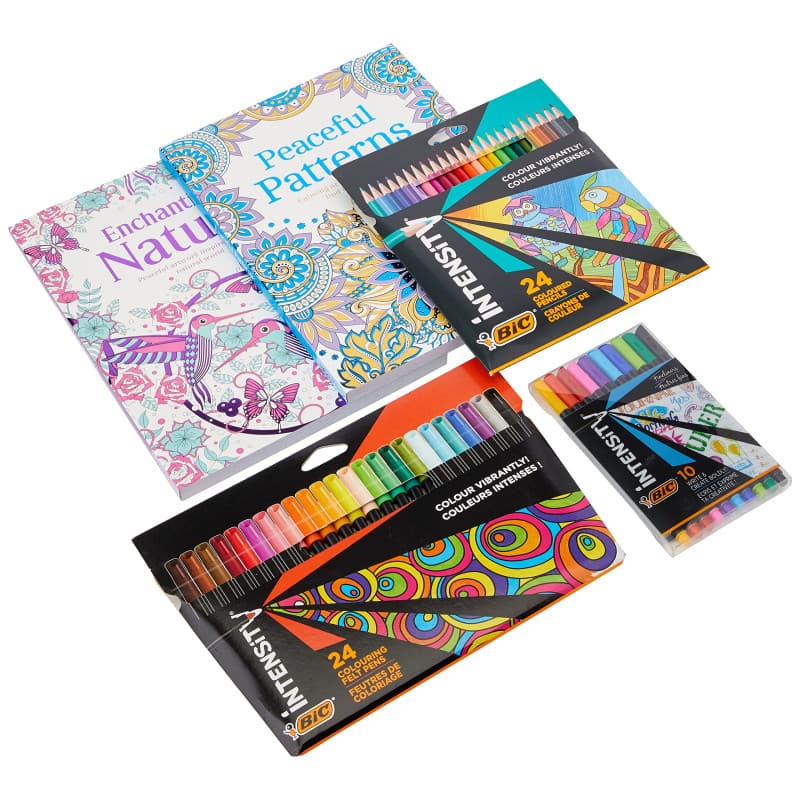 BIC Intensity Kit de Coloriage - Feutres/Feutres Fins/Crayons de Couleur/2 Cahiers de Coloriage Anti-Stress - Coffret de 60 pièc