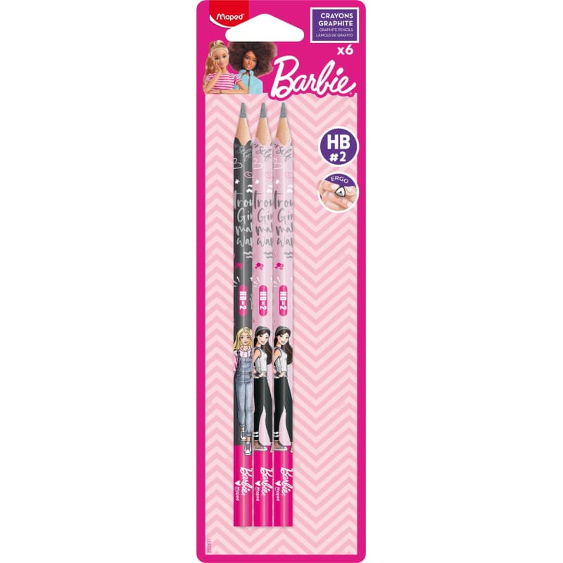 Maped – 6 Crayons Graphite HB #2 BARBIE - Crayons à Papier - Forme Triangulaire Ergonomique - Pack de 6 Crayons Papier