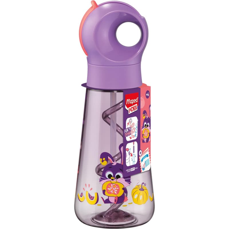Maped Picnik - Gourde Ecozen Lapin Violet Fluo - Paille Intégrée qui fait des Bulles - Ouverture Manuelle Facile - Poignée Intég