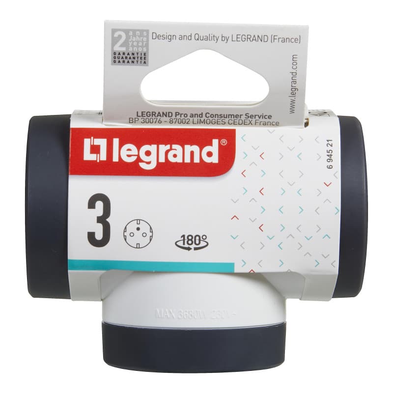 LEGRAND 694521 Adaptateurs avec 3 prises latérales 2P+T, rotatif, finition blanc/gris foncé
