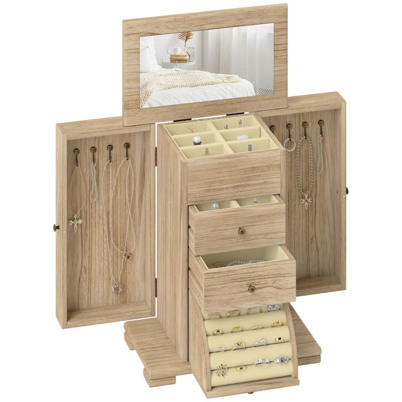 HOMCOM Boîte à bijoux femme à 4 niveaux, coffre à bijoux en bois avec ailes, miroir et 2 tiroirs pour bagues, boucles d'oreilles