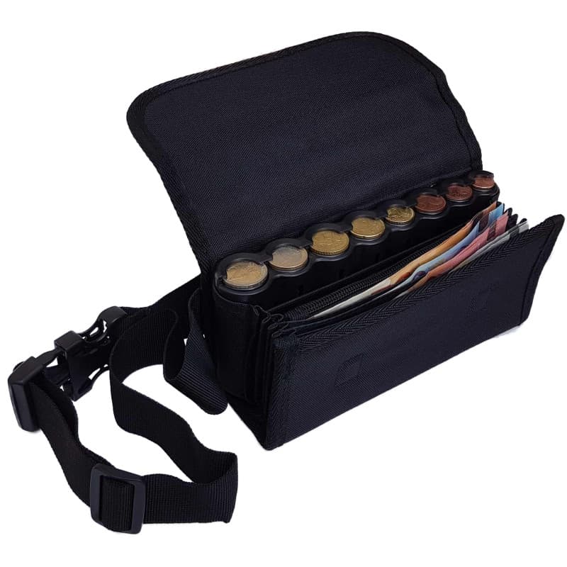 CLAIRE-FONCET Sacoche Banane en Toile Tissu polyester, Avec Monnayeur Distributeur Noir de 8 Pièces d'Euros, 1 Poche Zip intérie