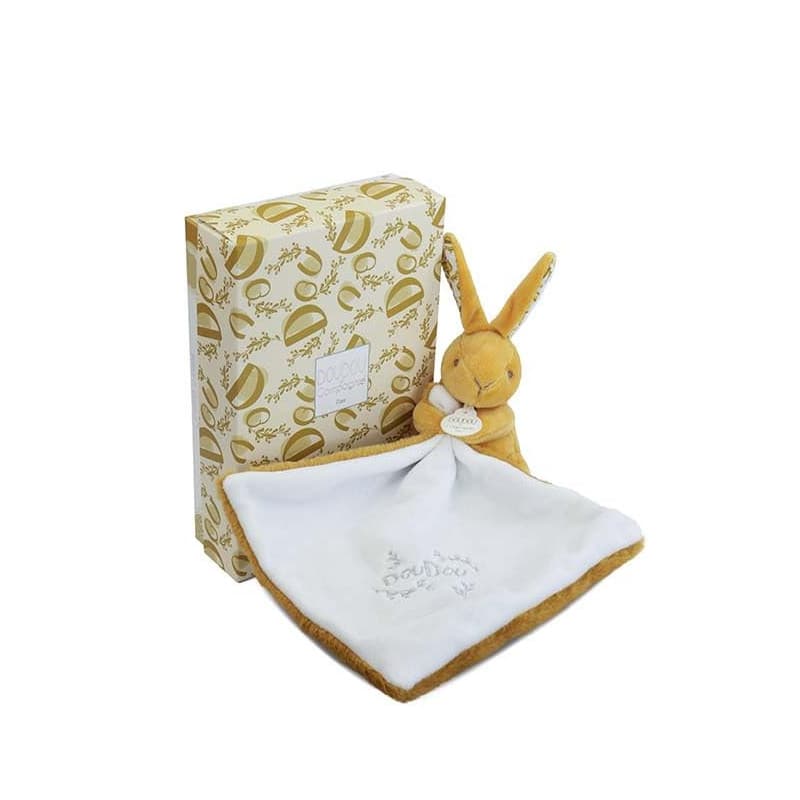 DOUDOU ET COMPAGNIE - Lapin Ocre avec Doudou Mouchoir à Fleurs – Peluche Bébé Mixte Ultra Douce – Doudou Naissance avec Boîte Ca