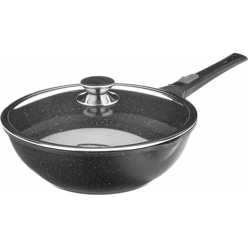 TeCuisine - Wok 28 cm - Manche Amovible - Fonte d'Aluminium - Revêtement pierre - Couvercle en Verre - Tous Feux dont Induction