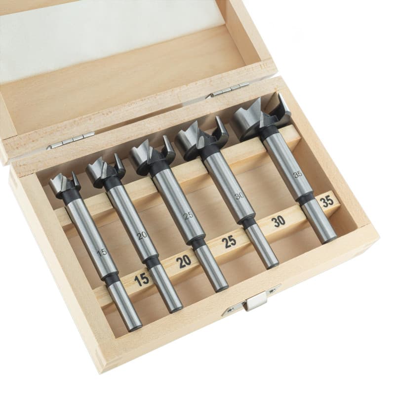 ENT 25100 Coffret de 5 mèches Forstner Ø 15, 20, 25, 30, 35 mm, en acier à outil, pour percer facilement des trous borgnes dans