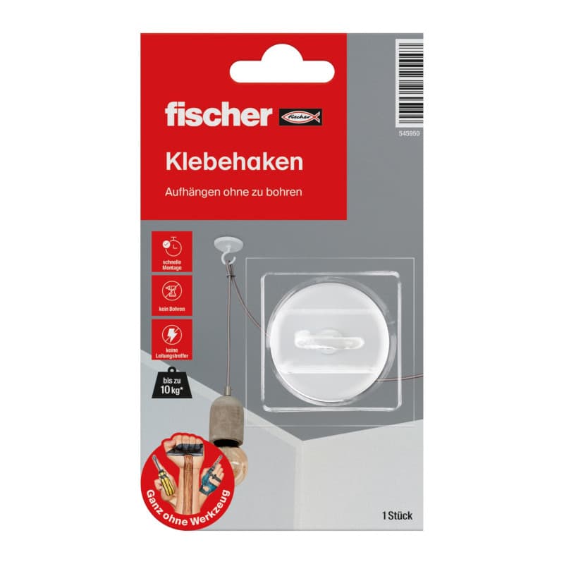 fischer Crochets adhésifs, 1 kit complet avec crochet et colle, chiffon de nettoyage, sans outils - 545950