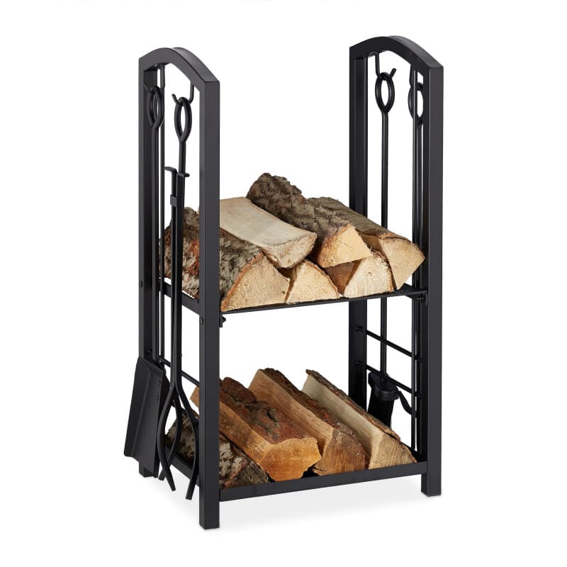 Relaxdays 10028783 Etagère à bois serviteur, 2 Etages Porte buche, outils cheminée, pelle,balai,pince,tisonnier, noir, acier, pl
