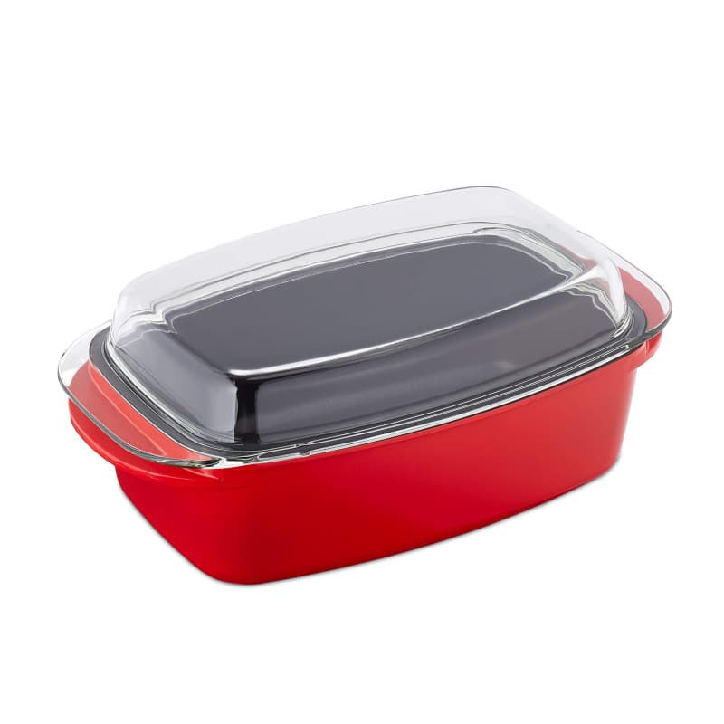 Relaxdays Rôtissoire couvercle, revêtement anthracite,forme de casserole,fonte aluminium rouge et verre, pour oies