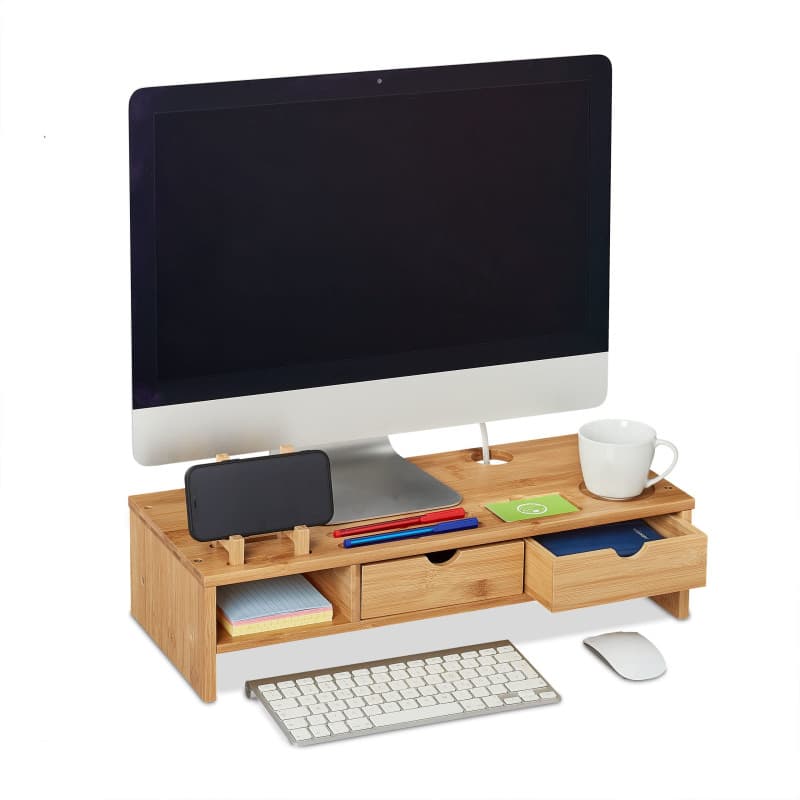 Relaxdays Support d’écran PC en Bambou, 2 tiroirs, casier Rangement, rehausseur d’Ordinateur, HLP 13x54x23 cm, Naturel