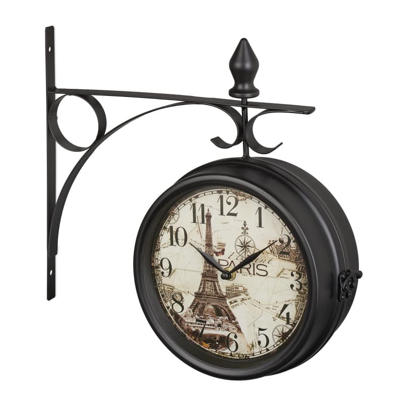 Relaxdays Horloge Murale, se lit des Deux côtés, Tour Eiffel, Design rétro, analogique, HLP : 34x35x10 cm, Noire