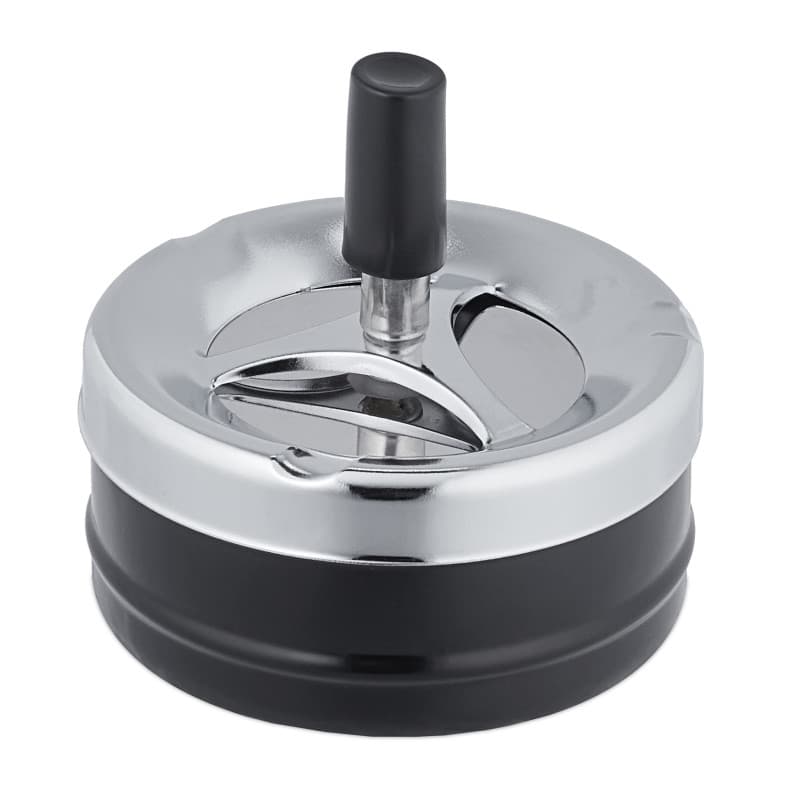 Relaxdays Cendrier avec Couvercle Poussoir, métal et Plastique, Ø 9,5 cm, pour intérieur & extérieur, argenté/Noir