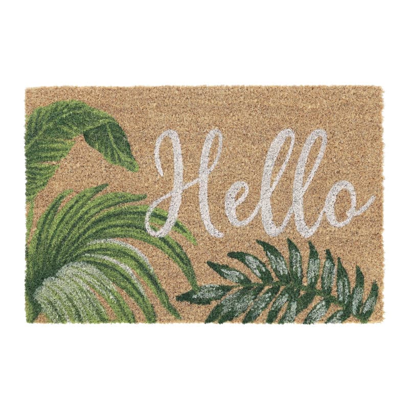 Relaxdays Paillasson Coco, Inscription Hello, résistant aux intempéries, 40x60 cm, intérieur et extérieur, Naturel/Vert