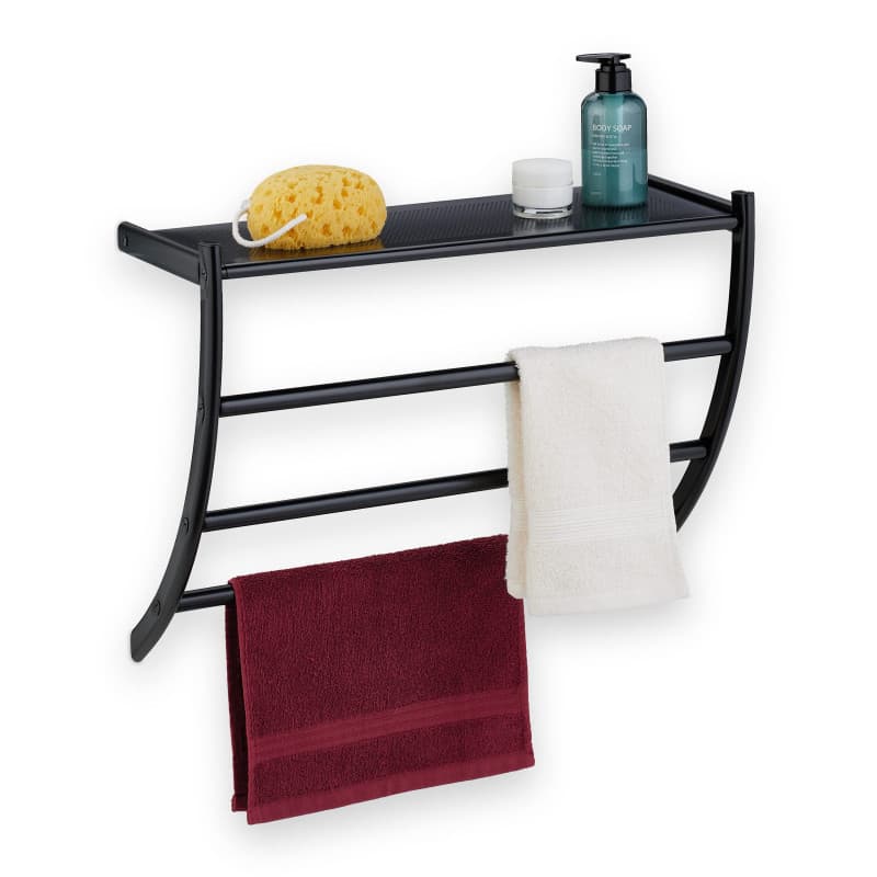 Relaxdays Porte-Serviettes Mural, HxLxP: 44 x 56,5 x 23 cm, Tablette & 3 Barres, Support Serviettes Salle de Bain, Noir