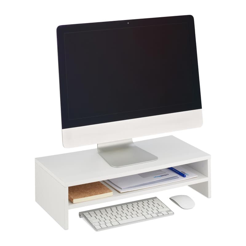 Relaxdays Support pour Moniteur, Rangement supplémentaire, Design Moderne, pour Le Bureau, HLP 14,5x54x25,5 cm, Blanc