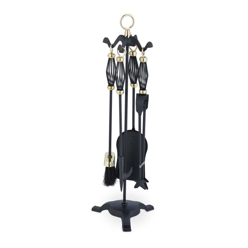 Relaxdays 5 pièces pour la cheminée, Pelle, Balai, Pince & serviteur, Fer, Accessoires poêle à Bois, Noir - doré