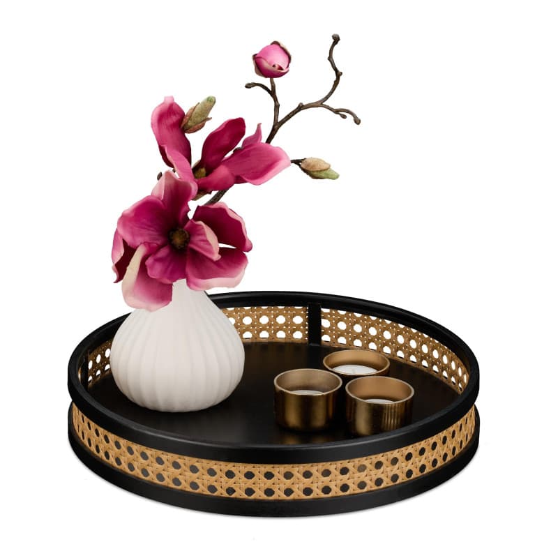 Relaxdays Plateau de Service, Bord surélevé, pour Vos Bougies ou Bijoux, H x D : 5,5 x 30 cm, Noir et Nature