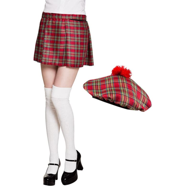 Boland - Ensemble écossais pour femme, rouge, à carreaux, kilt et barret, mini jupe, bonnet, écossais, Lady, écossaise, costume