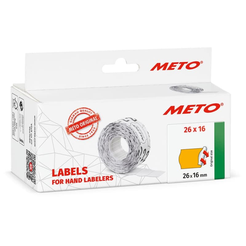 Étiquettes Meto pour étiqueteuse manuelle (26x16 mm, 2 lignes, papier orange fluo, 6 000 étiquettes, adhésives permanentes, pour
