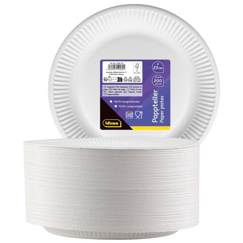 Idena 50160 - Assiette de fête Blanc, 200 pièces,⌀ 23 cm, Certifié FSC, Assiette en Carton 100% compostable, pour Les fêtes, bar