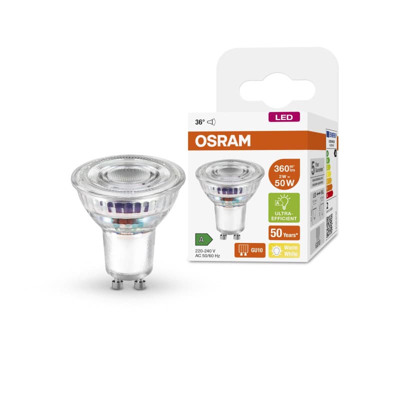 OSRAM Lampe de réflecteur PAR16 avec classe B d'efficacité énergétique B, socket GU10, remplacement de 50W, sortie nominale 2W,