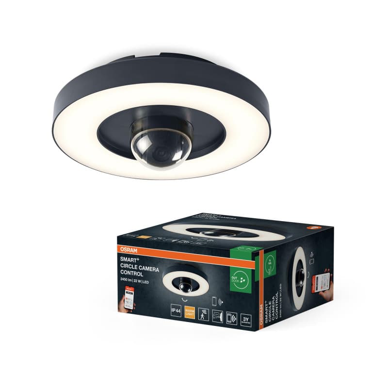 OSRAM Applique extérieur SMART+ + caméra, blanc chaud 3000K, boîtier en polycarbonate de haute qualité gris foncé, haut-parleur