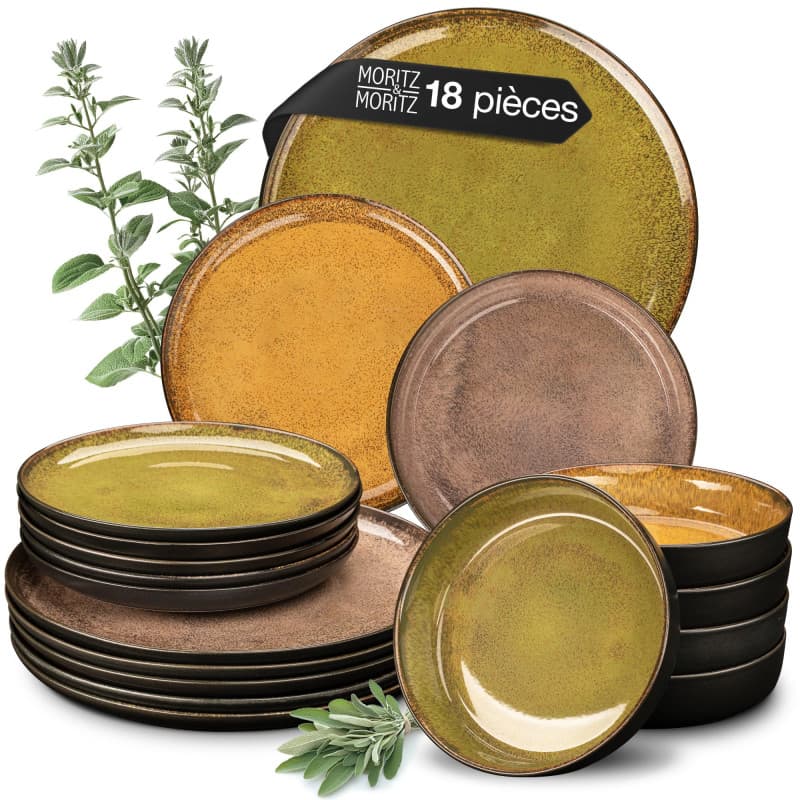 Moritz & Moritz VIDA service de table 6 personnes - vaisselle et arts de la table couleurs vintage jaune, vert et rouge 6x assie