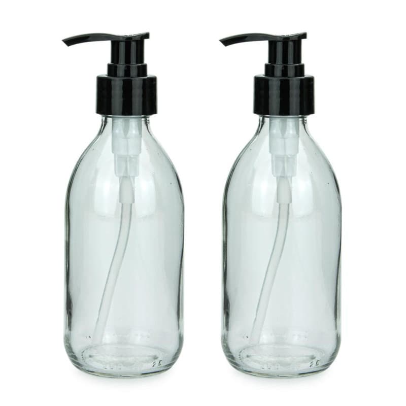 mikken Lot de 2 distributeurs de savon, de lotion, de shampoing, en verre transparent, convient à un usage alimentaire, avec éti