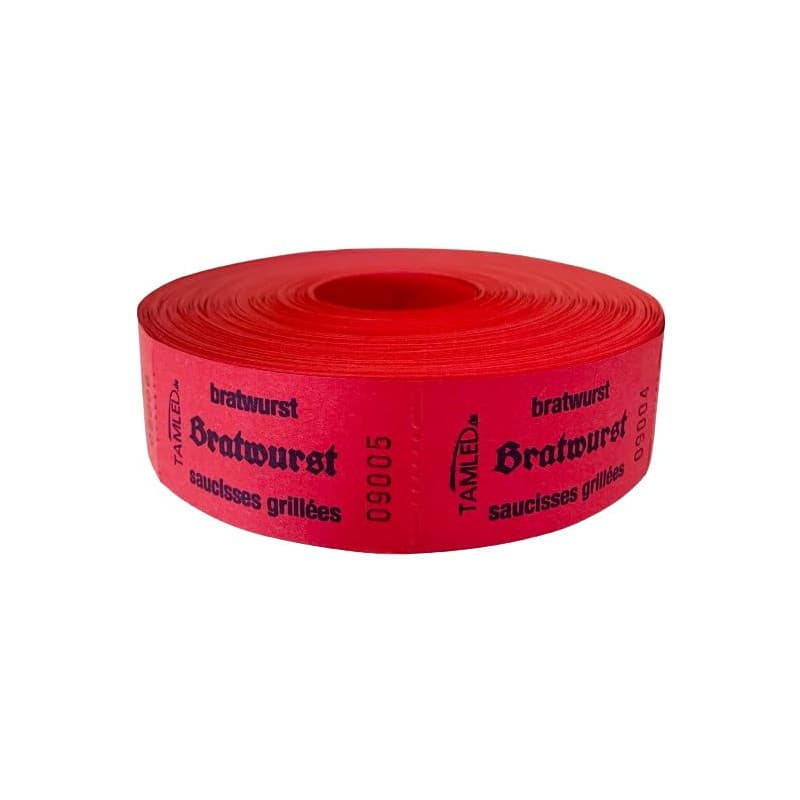 TAMLED - Rouleau de bons prédécoupés avec inscription « Bratwurst » - Rouge - Avec environ 1000 découpes prédécoupées