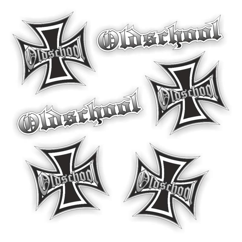 Lot de 6 autocollants Oldschool - Croix de fer - 4 croix de 8 x 8 cm - 2 inscriptions de 13,5 x 3 cm - Autocollant de qualité su