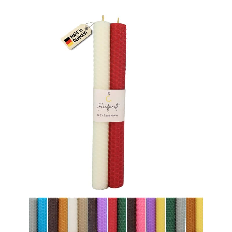 Wachsmann Lot de 2 bougies en cire d'abeille roulées à la main, 100 % cire d'abeille, dans de nombreuses couleurs, fabriquées en
