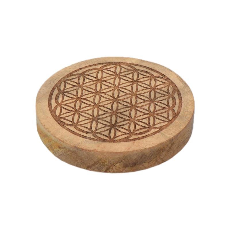 NKlaus Dessous de verre rond Fleur de vie 10 cm – En bois de manguier gravé, idéal pour verres, cristaux, rituels et décoration