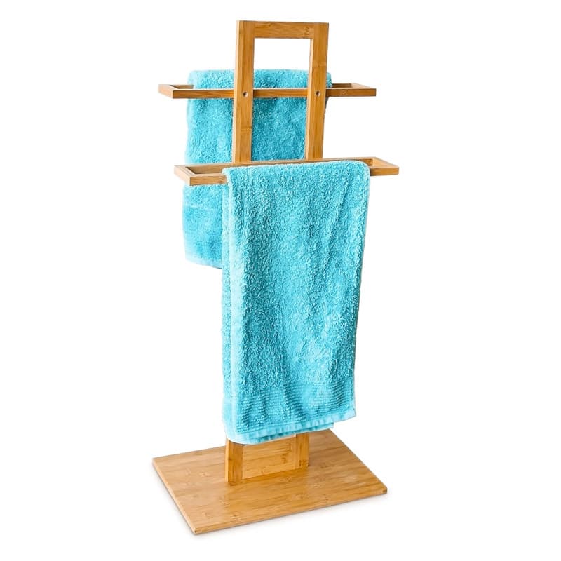 Relaxdays 10013083 Porte-serviettes sur pied en bois de bambou HxlxP: 85 x 37 x 25 cm 2 barres pour 2 serviettes salle de bain s