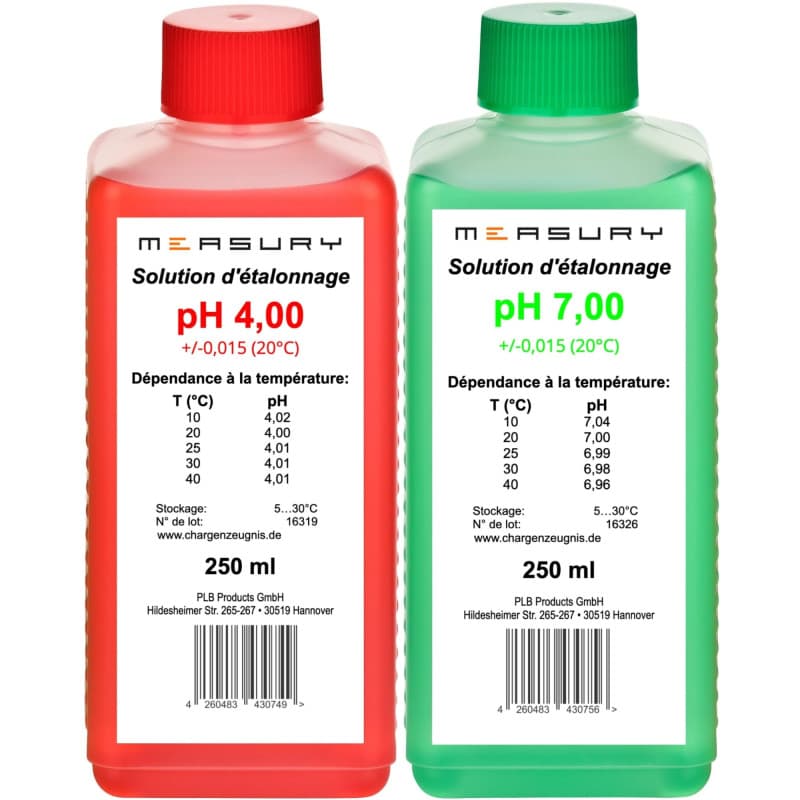 Measury Solution d'étalonnage pH 4.00 et 7.00 – Fabriqué en Allemagne, solution tampon pH 250 ml chacune, solution d'étalonnage