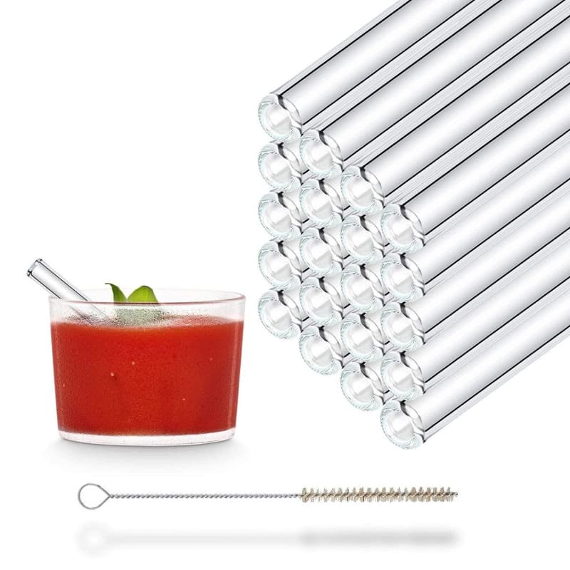 HALM Pailles en Verre Réutilisables - 20 Pièces Courtes Droites 10 cm + Brosse de Nettoyage sans Plastique - Compatible Lave-Vai