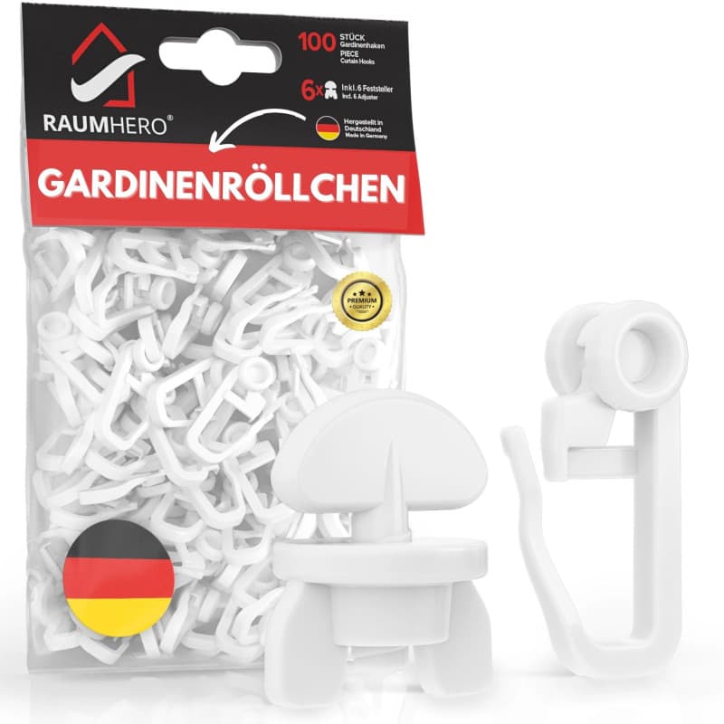 Raumhero Lot complet de 100 crochets de rideau avec 6 stoppeurs - Dimensions standard de 8 mm - Crochets pour rails - 100 % fabr
