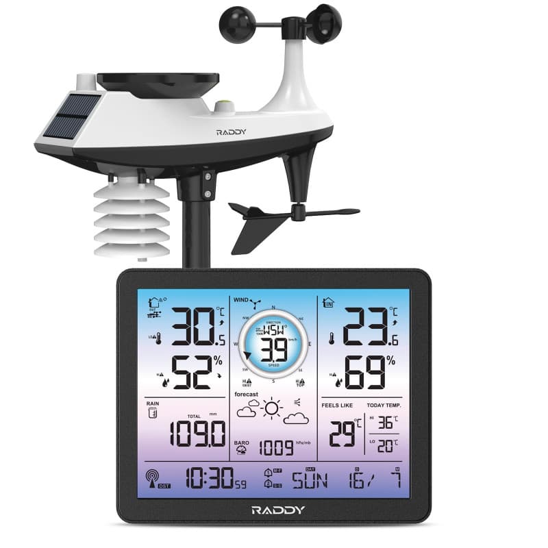 Raddy VP7 Station Météo sans fil, Thermomètre intérieur/extérieur, 7,4" écran couleur numérique, Moniteur de température et d'hu