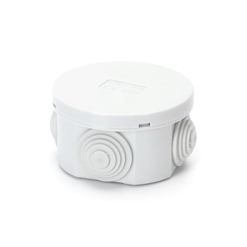 Boîte de jonction ronde IP44 étanche (65 x 30 mm) pour installations électriques extérieures et protection des câbles.