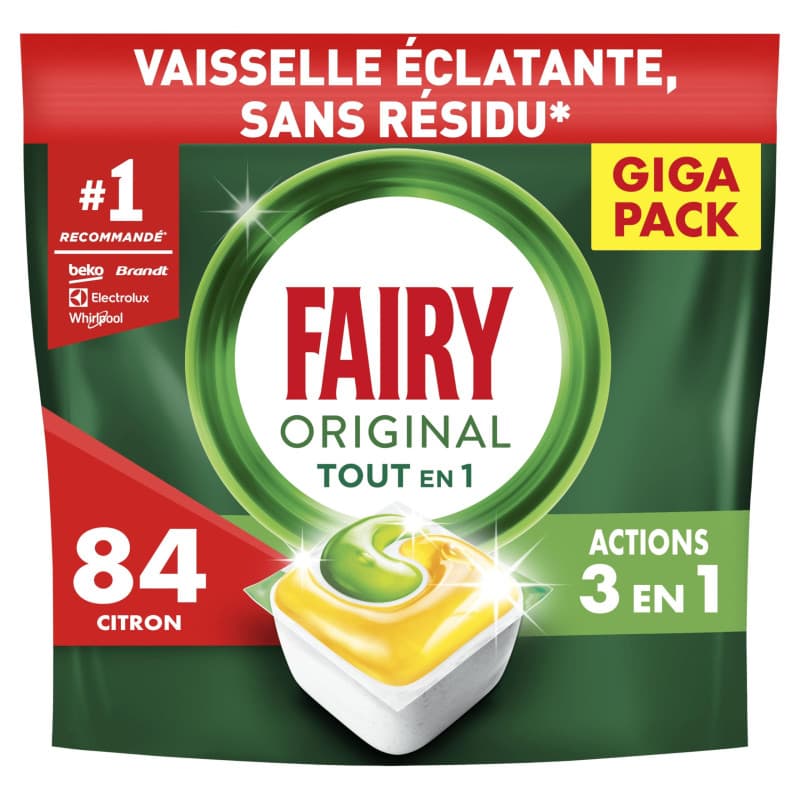 Fairy Original Tablettes Lave-Vaisselle Tout En 1 Parfum Citron, 84 Capsules, Efficaces Contre Graisse Incrustée, Action Sel et